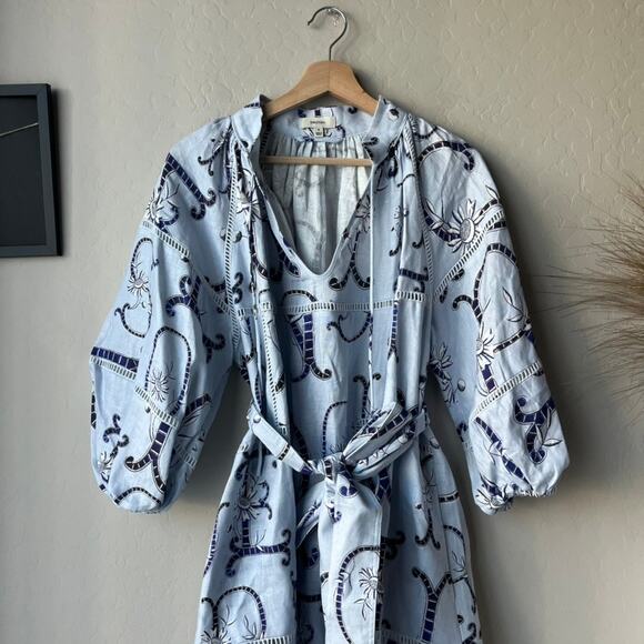 Oroton Dress Linen Lace Flower Smock Blue Floral Print Tie Neck Mini Dress 8 - Picture 4 of 10